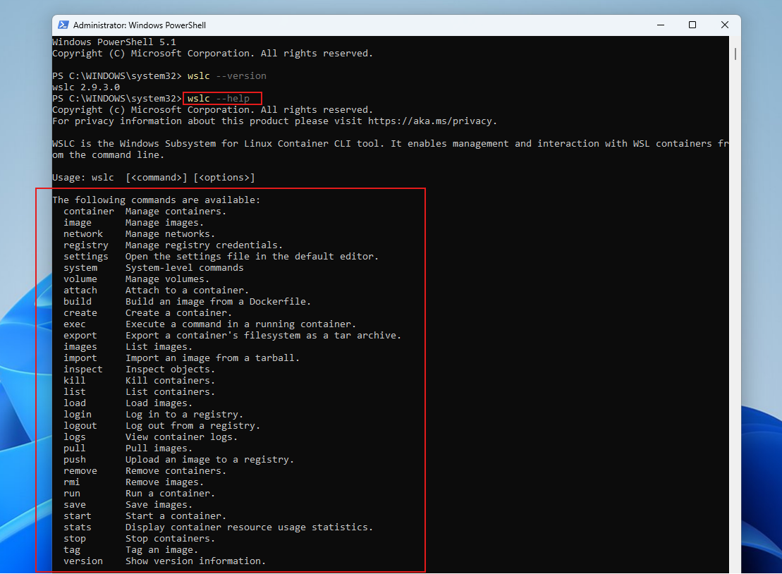 wslc commands